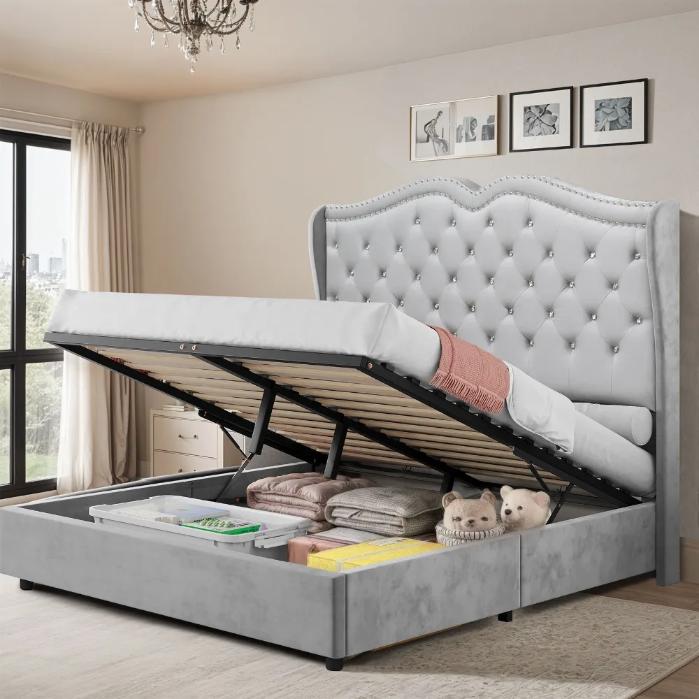 

Queen Size Bed Frame Upholstered Platform Bed Hydraulic Storage Velvet Wingback
