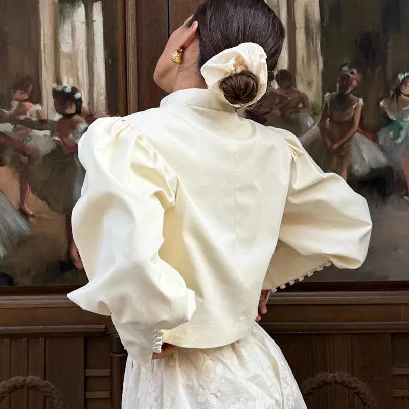 Elegant Puff Sleeve Shirt Fashion Solid Casual Cardigan Coat High Street Patchwork Slim Office Lady Women Shirt Jacket