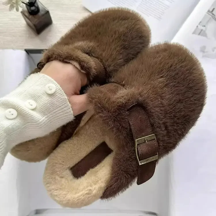 Fur Women Flats Slippers Shoes Plush Suede Slingback Boots Woman Winter New 2025 Trend Designer Cozy Casual Warm