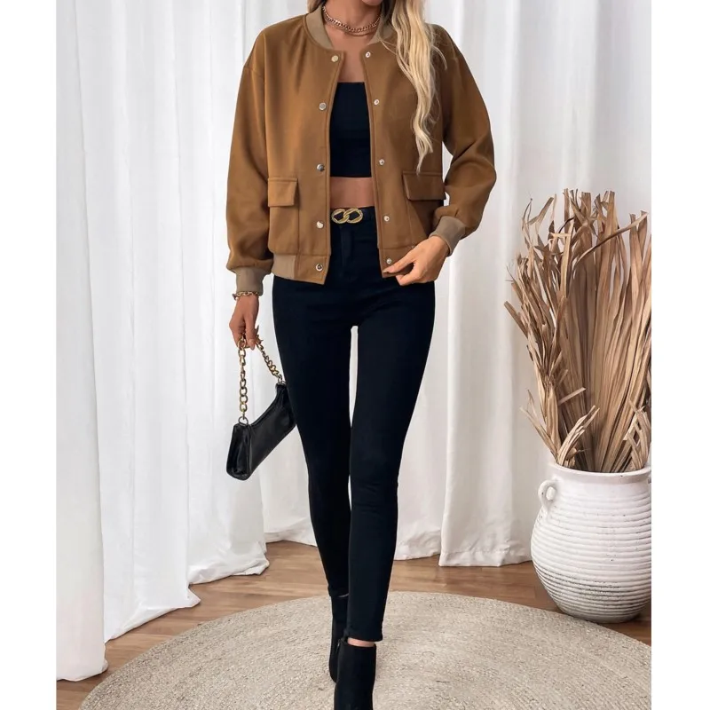 Autumn Khaki Long Sleeve Women's Bomber Jacket Fashion Single Breasted Vintage Coat Tops Elegant Loose Basic Ladies Jackets