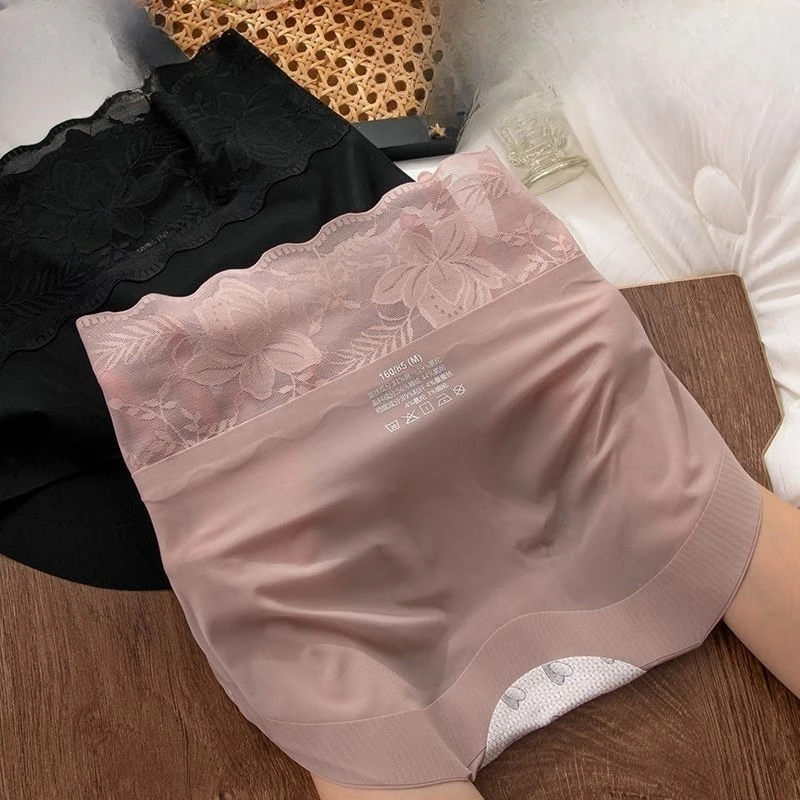 High Waist Seamless Ice Silk Underwear Women's 2026 New Lace Sexy Large Size Belly and Hip Summer Shorts Smooth and Quick Drying