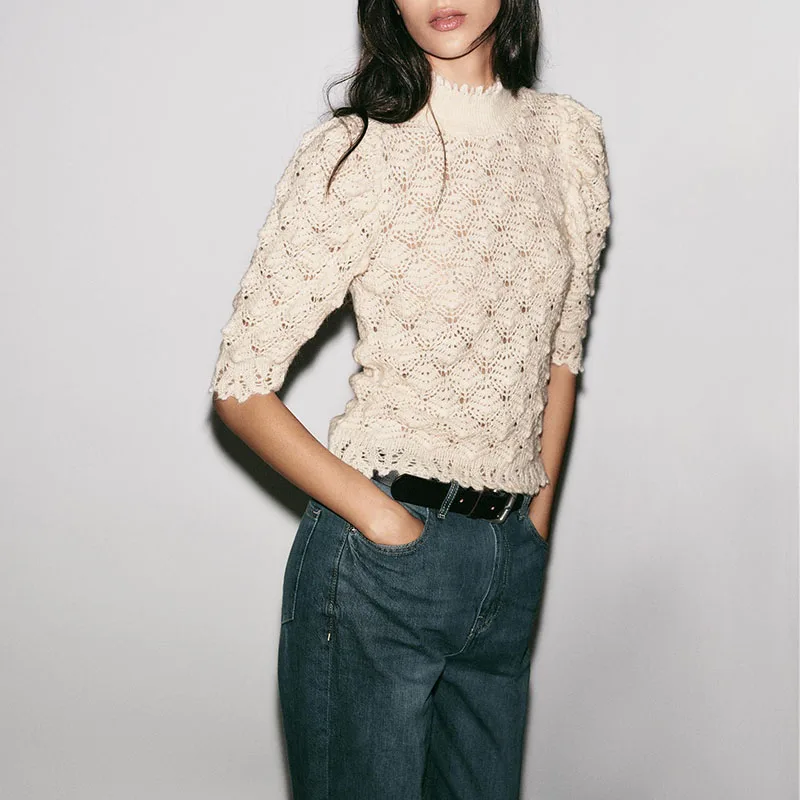Romantico maglione lavorato a maglia a collo alto a coste Bubble Or Sve da donna Slim Fit Casual Sle Autunno Nuovo arrivo