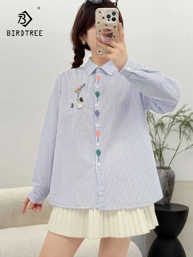 

New 2025 Autumn Cotton Long Sleeve Shirt, Women Turn-down Collar Striped Embroidery, Mori Girl Sweet INS Loose Blouse T59217CC