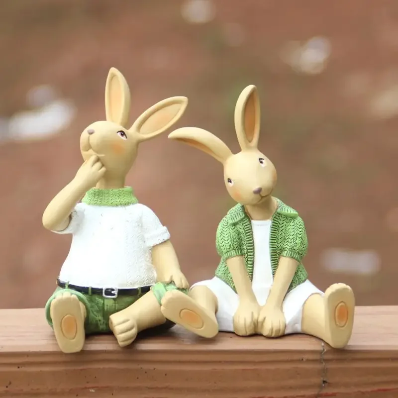 Rural Pastoral Style Lovely Couples Double Rabbit Shaped Resin Crafts Easter Preferred Gift Outdoor Garden Courtyard Decoration