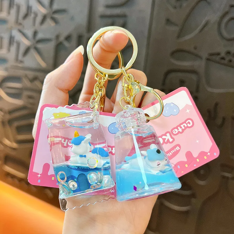 Cute Unicorn Toy Keychain with Blue Liquid Quicksand Lollipop Drift Bottle Design Female Small Pendant Gift for Schoolbags