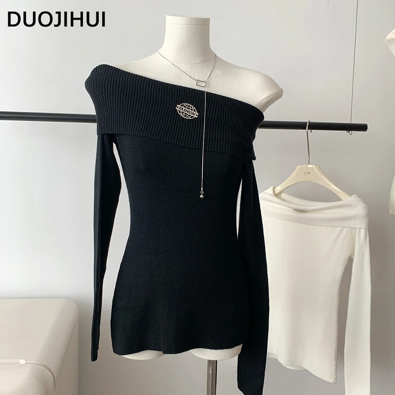 DUOJIHUI Autumn New Chic Slash Neck Sweater Women Pullovers Classic Solid Color Fashion Simple Delivering Brooch Female Pullover