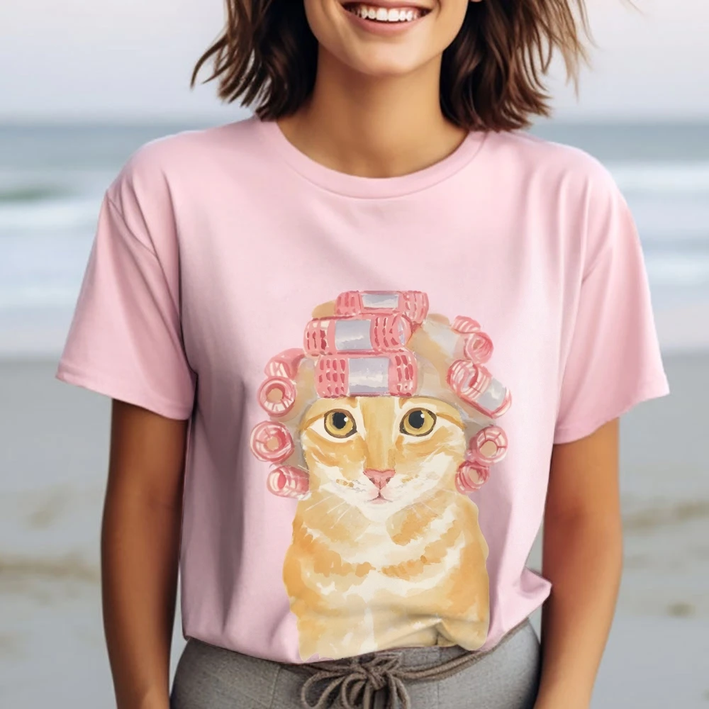 

Y2K Graphic T-Shirt Cat Curlers Tee Premium Cotton, High - Quality Oversize Black Tee. Cat With Hair Curlers, Cute Y2K Style