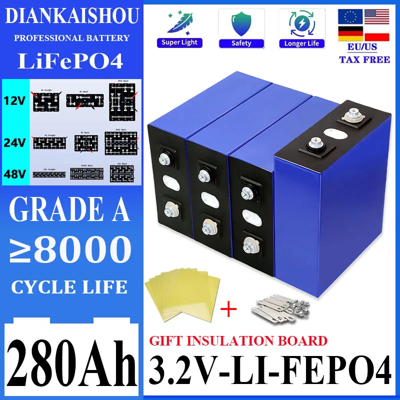 1-16PCS 3.2V 280AH Grade A Lifepo4 Battery 8000 cycle DIY 12V 24V48V Rechargeable Lithium Iron Phosphate Cell For Golf Cart Boat