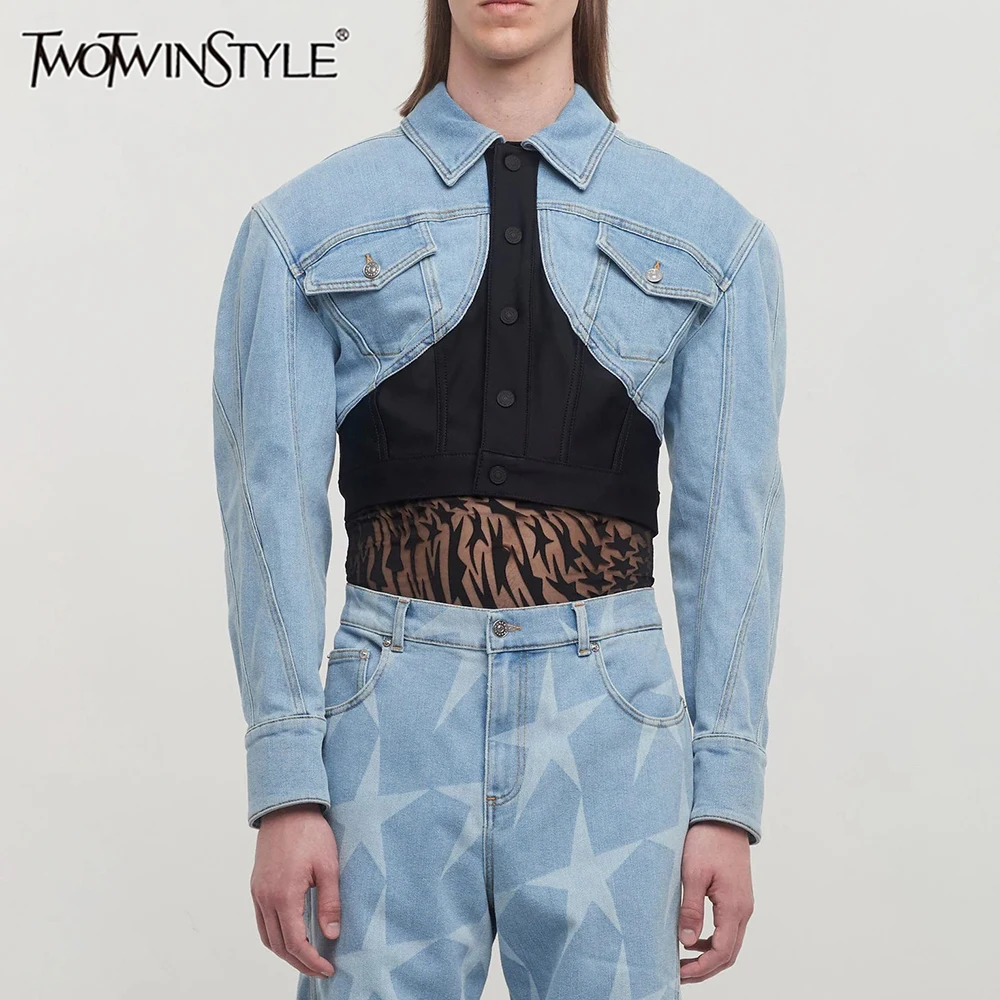 

TWOTWINSTYLE хит цвета для похудения сращенное однобортное пальто для женщин с лацканами и длинными рукавами в стиле пэчворк с карманами женские новые куртки
