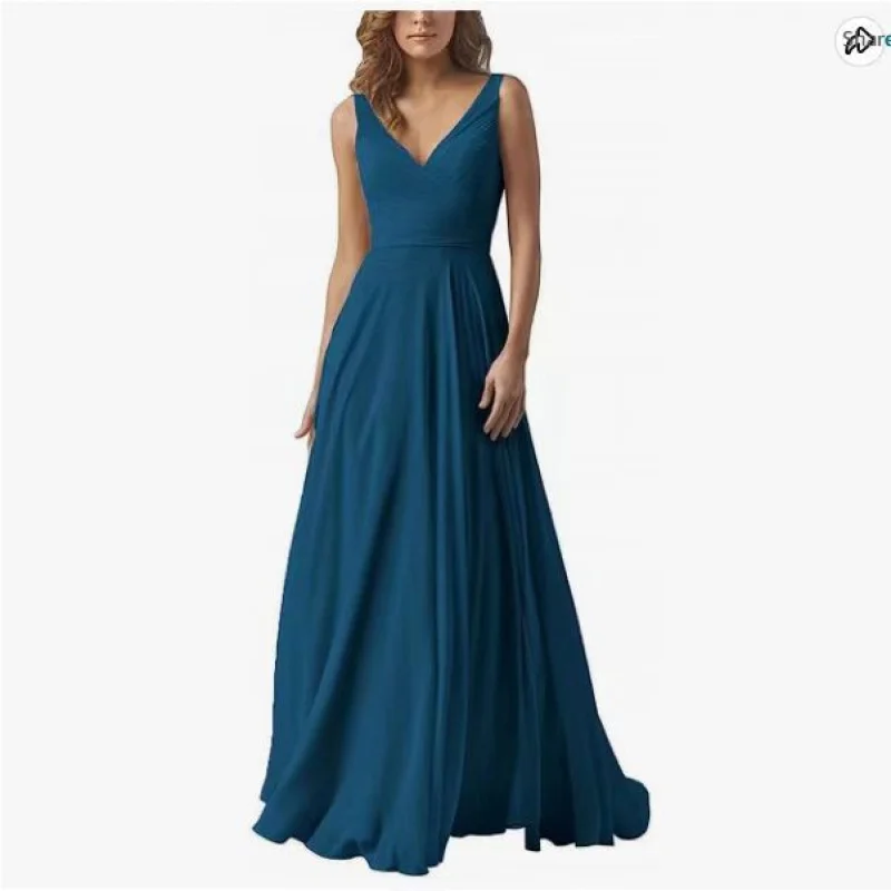 

Chiffon Bridesmaid Dresses Long Sexy V Neck Pleated ALine Simple Evening Vestidos De Festa Wedding Guest Dress