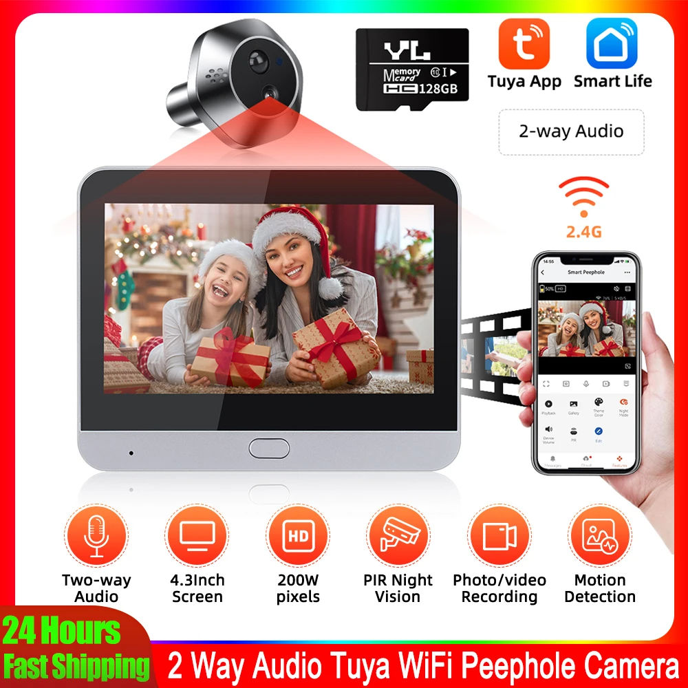New 4.3Inch Digital Door Peepholes Two Way Talk Smart Tuya WiFi Peephole Door Camera 1080P PIR Night Vision Motion Detection