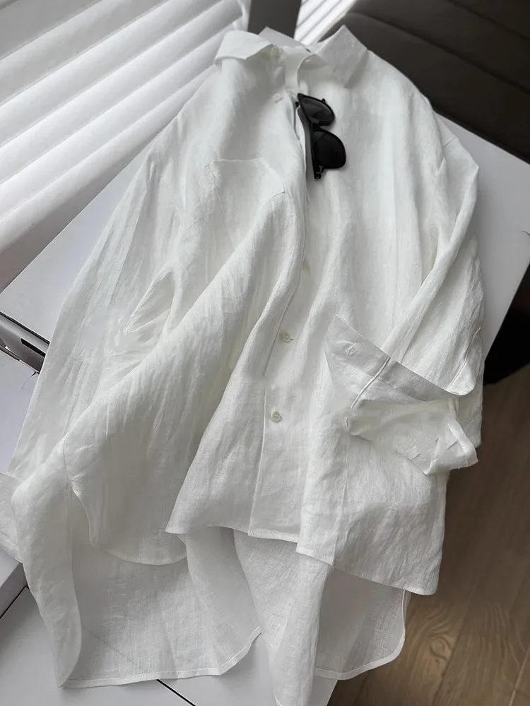 Biała koszula chroniąca przed słońcem, damska, letnia, cienka, luźna, lniana bluzka, oddychająca, długi rękaw, kołnierzyk, styl koreański.