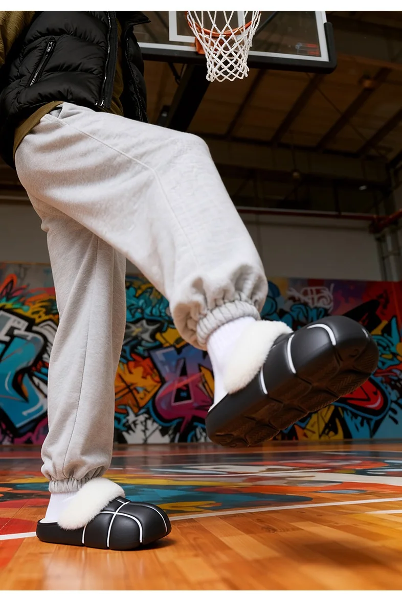Neue Kreative Basketball-Winterhausschuhe für Damen, Plüschkragen-Mules, Unisex-Hausschuhe für drinnen, Wasserdicht – Detail 8