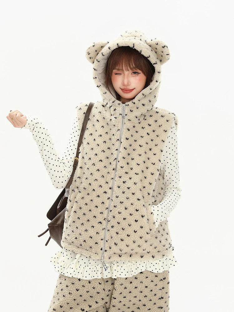 Sweet Print Hooded Vest Women Sleeveless Zipper Autumn Winter Preppy Kawaii Coats Cute Ears Patchwork Hairy Casual Thick Outwear