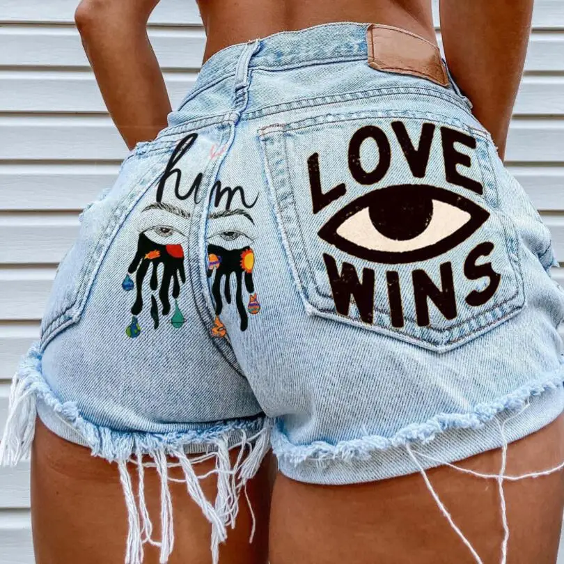 

Eye Graffiti Pattern Women's Denim Shorts 2022 Summer High Waist Short Mujer Fashion Ripped Jean Shorts Streetwear Shorts w173