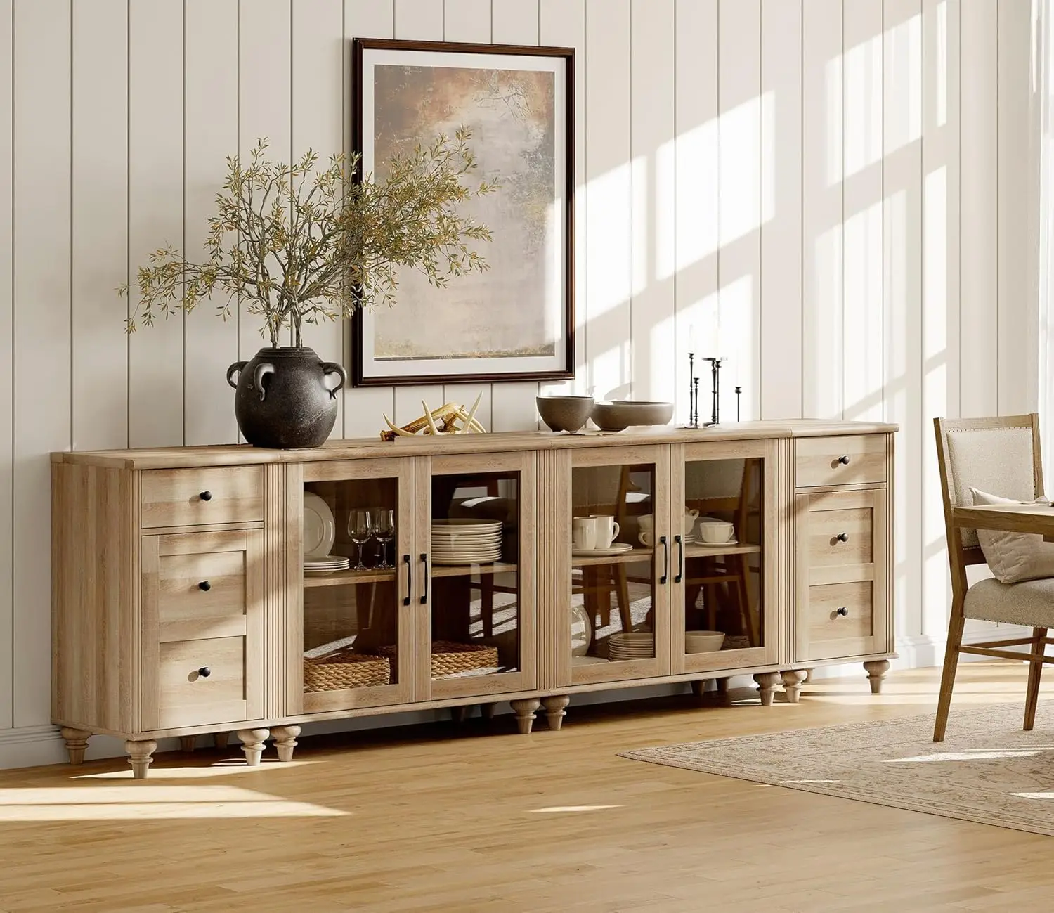 Sideboard Buffet Cabinets with 4-Glass Door, Kitchen Storage Cabinets with Charging Station, Wood Coffee Bar Tables , Oak