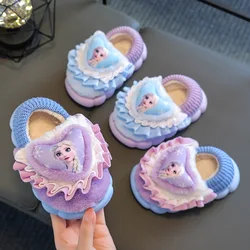 Disney Princess Elsa Cartoon Cotton Slippers for Girls Frozen Winter Indoor Warmth Preservation Non slip Children's Plush Shoes