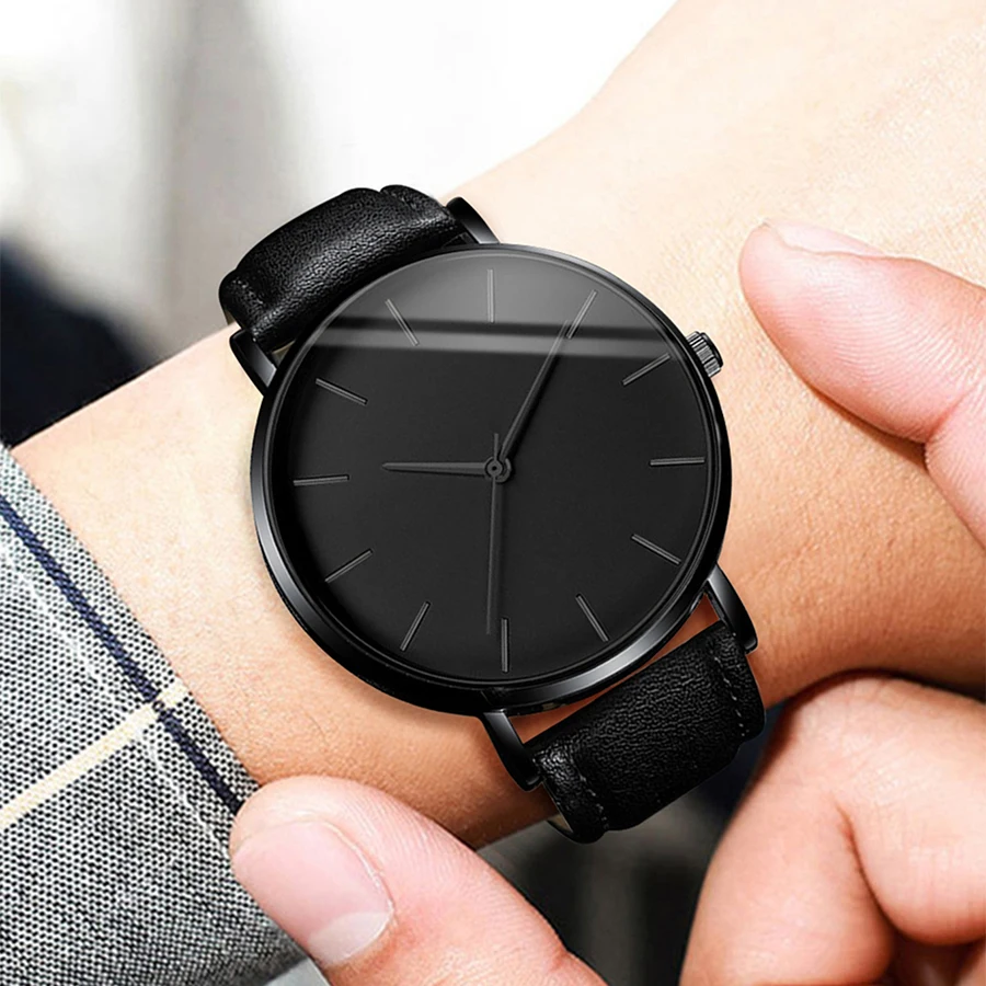 3PCS/Set Men's Watch Simple Scale Dial Male Leather Band Quartz Watches Necklace Bracelet Set