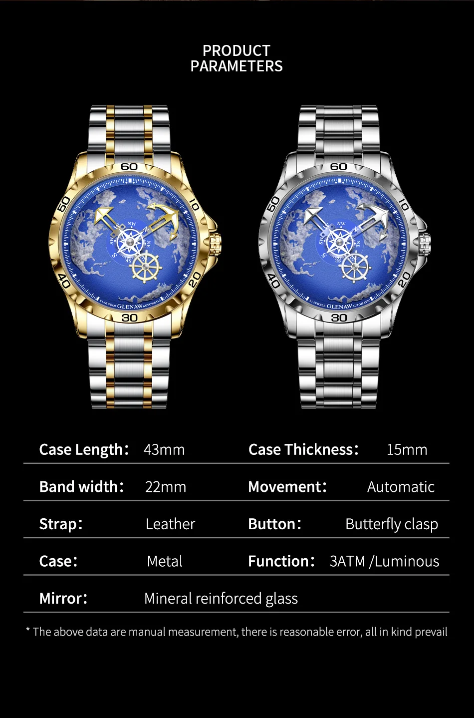 Серия GLENAW Explorer, полностью автоматические механические золотые и серебряные двухцветные часы с ремешком, синий циферблат земли, парусные часы высокого класса