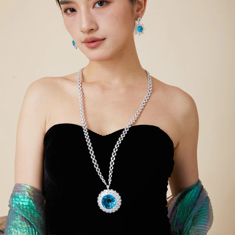 

Дизайнерская коллекция, модное ожерелье, серьги, ювелирные изделия, женское женское инкрустация кубическим цирконом, искусственный аквамарин, кулон, длинное ожерелье