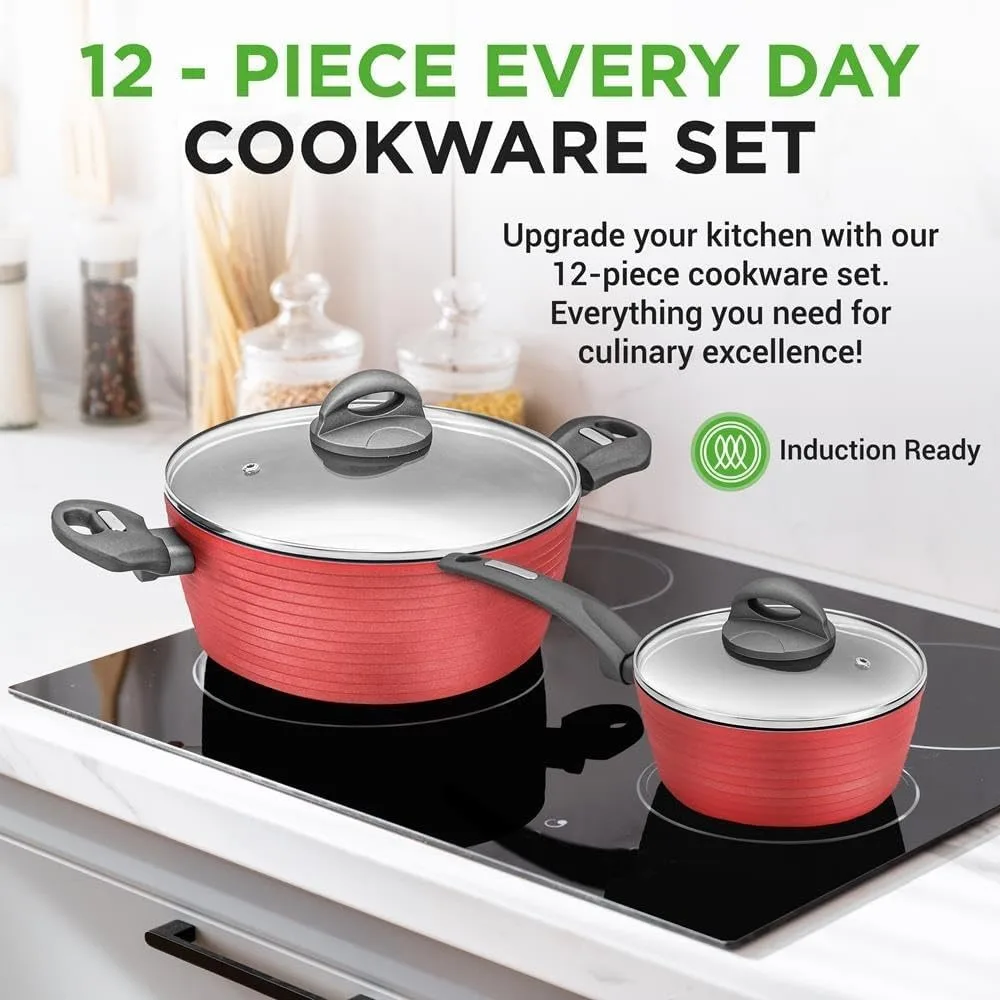 Professional 12-Piece Red Nonstick Cookware - PFOA/PFOS-Free, Heat Resistant Lacquer, Elegant Design, Multi-Sized Pots and Pans