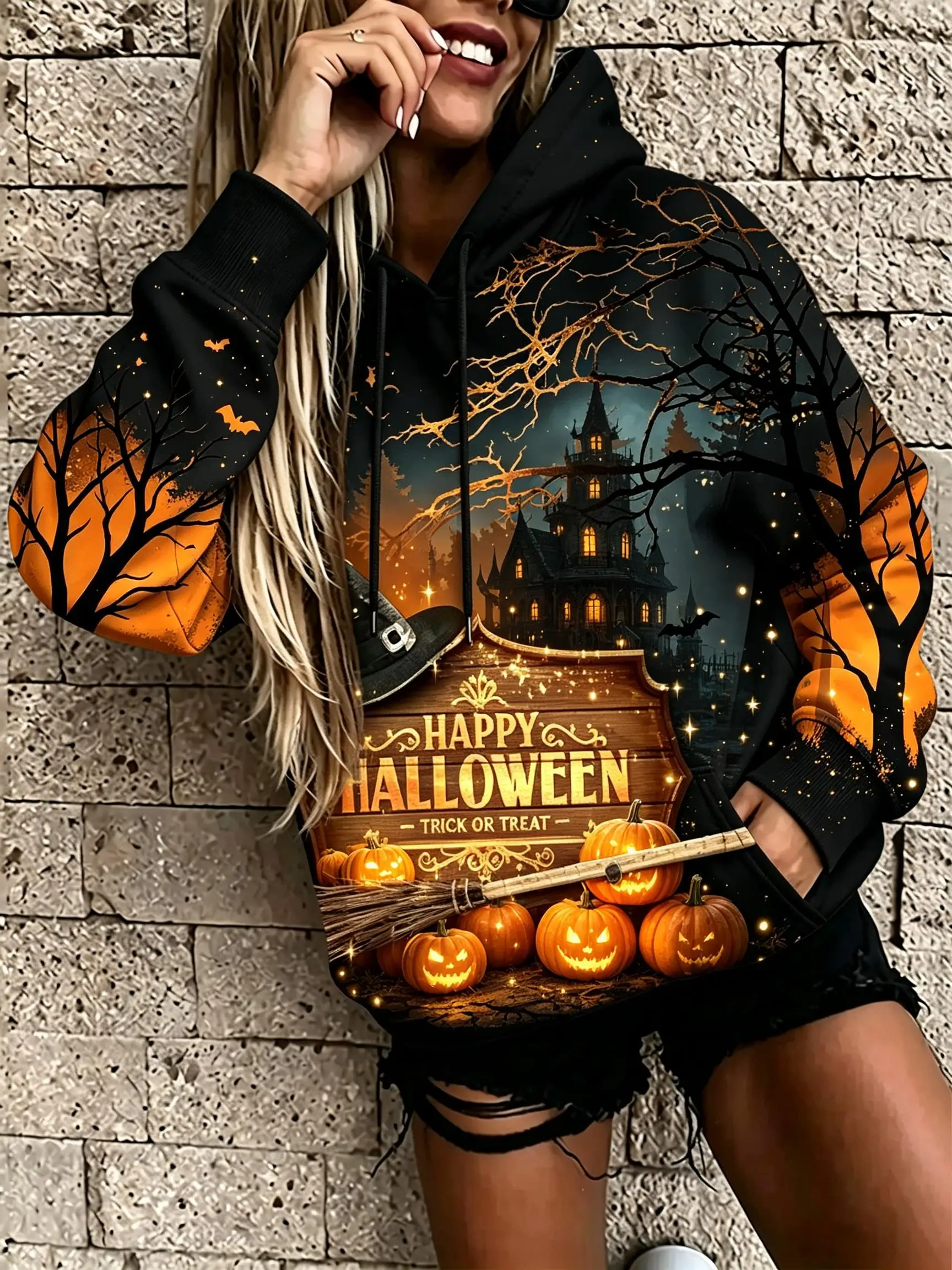 Womens Halloween Haunted House Pumpkin Ghost Bat Print Fleece Hoodie Full Pattern Hooded Pullover Tops