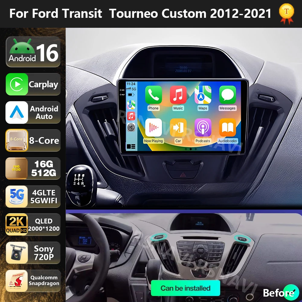 Qualcomm Android 16 Car Radio Multimedia Player For Ford Transit Tourneo Custom 2012 2013-2021 Carplay Auto Stereo DSP BT 4GWiFi