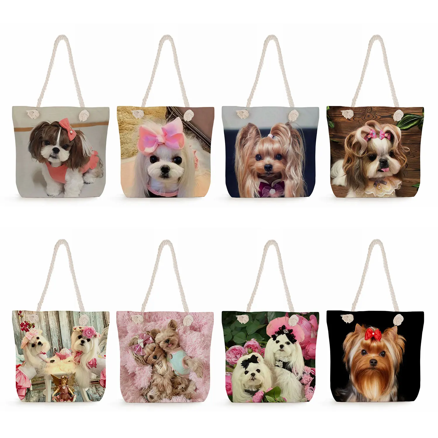 

Shih Tzu Print Polyester Handbags Casual High Capacity Women Shopping Tote Bags Cute Dog Graphic Travel Thick Rope Beach Bags