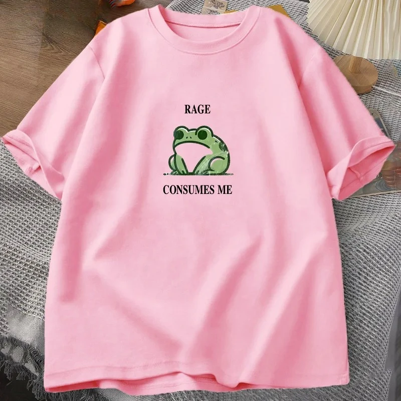 Unisex Funny Frog T‑Shirt Rage Consumes Me Letter Graphic Print Oversized Cotton Short Sleeve Streetwear Casual Tee Tops