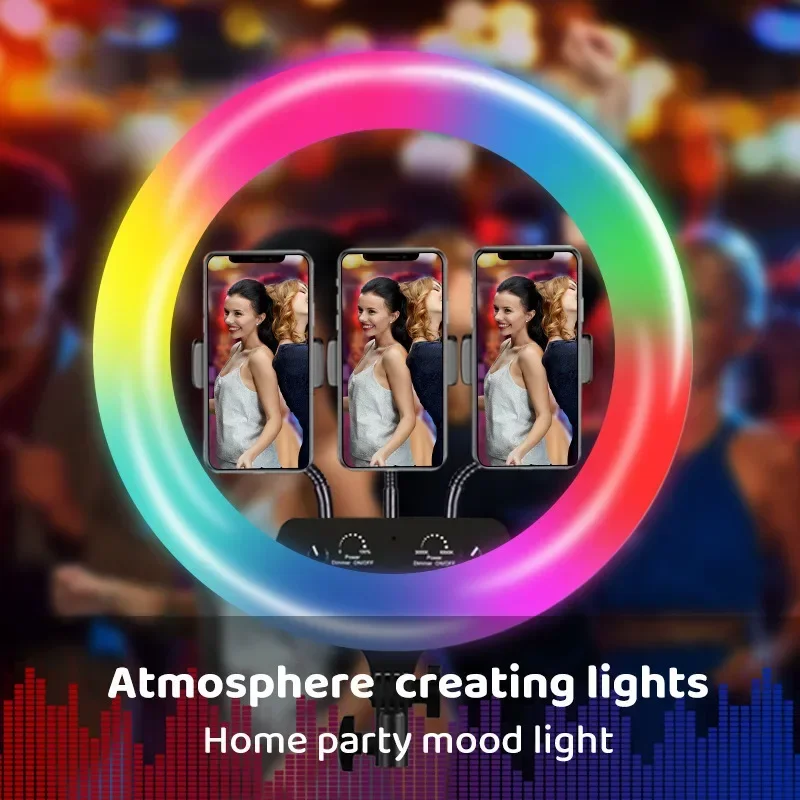 10in 26cm RGB Selfie Ring Light with Tripod Stand Phone Holder Photography RingLight Colorful Led Makeup Fill Lamp