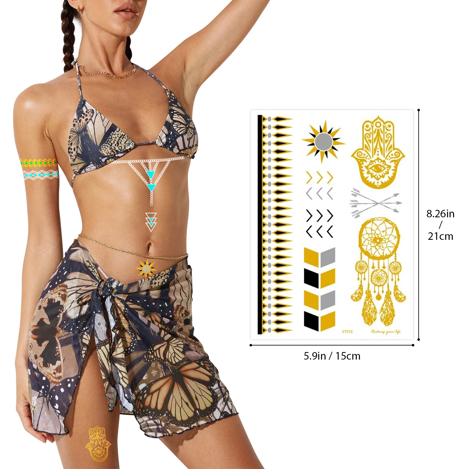 Henna Metallic Temporary Tattoo 9 Pcs Gold Metallic Freckles Fake Tattoo Stickers Waterproof for Women Teen Girls Beach Festival