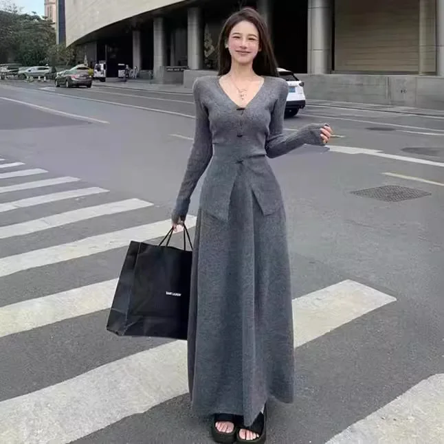 

2024 Autumn and Winter Solid Color Temperament Sweater Women's Elastic High Waist Loose Long Skirt Knitted Set