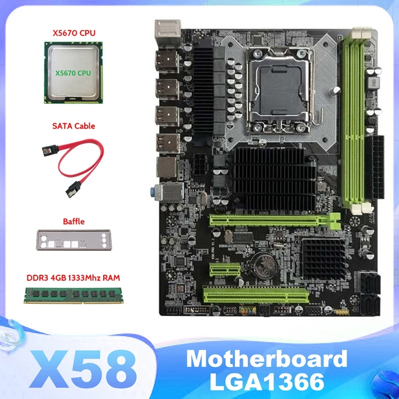 

Материнская плата X58 LGA1366, компьютерная материнская плата с поддержкой RX, графическая карта с процессором X5670 + DDR3 4 Гб 1333 МГц ОЗУ + кабель SATA