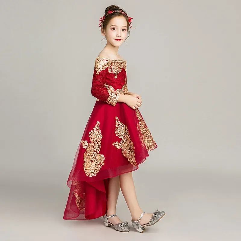 Flowers Girls Dresses Burgundy Lace Golden Appliques Boat Neck Zipper Back Full Sleeves High/Low Customization Girl Ball Gown