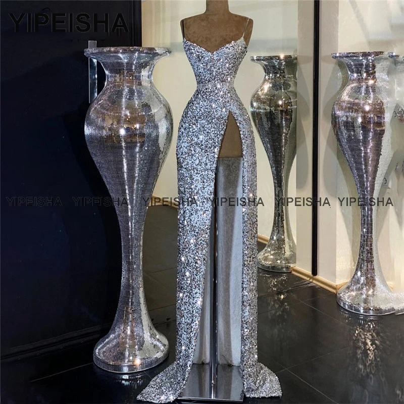 Yipeisha Glitter Silber Pailletten Ballkleid High Split Abendkleid Spaghetti träger Geburtstags feier Kleider Meerjungfrau Robe de Soiree