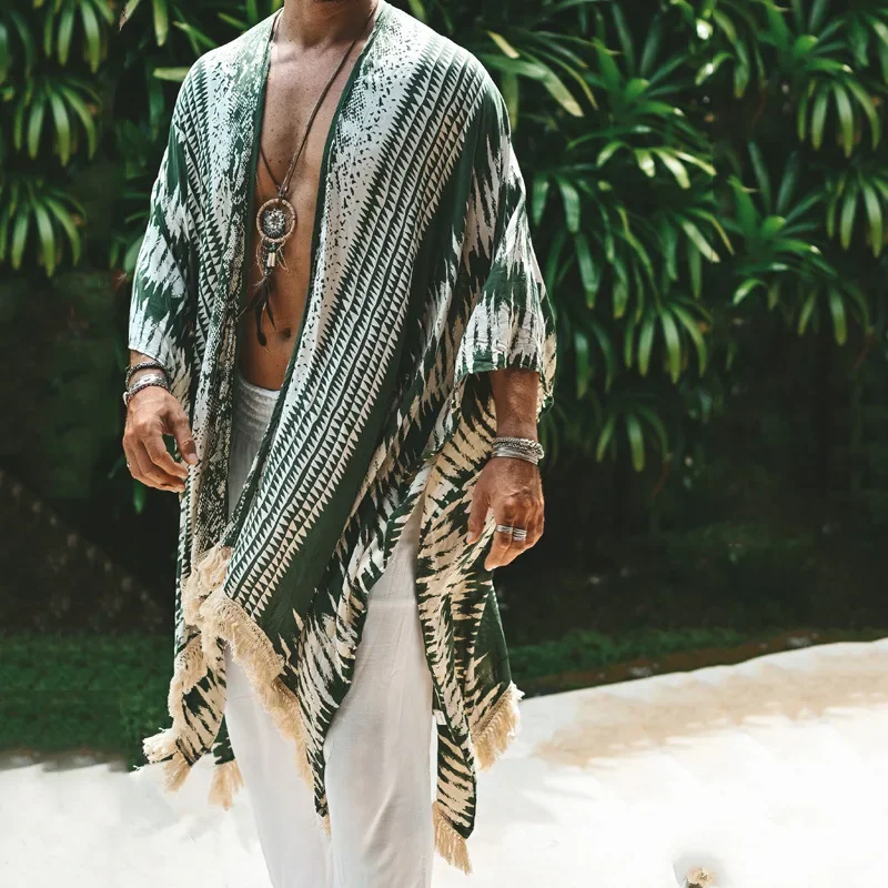 Men Tulum Linen Holiday Cardigan Men\'s Long White Cardigan Spring / Summer Thin Men\'s Sun Protection Shirt Fringe Long Cardigan