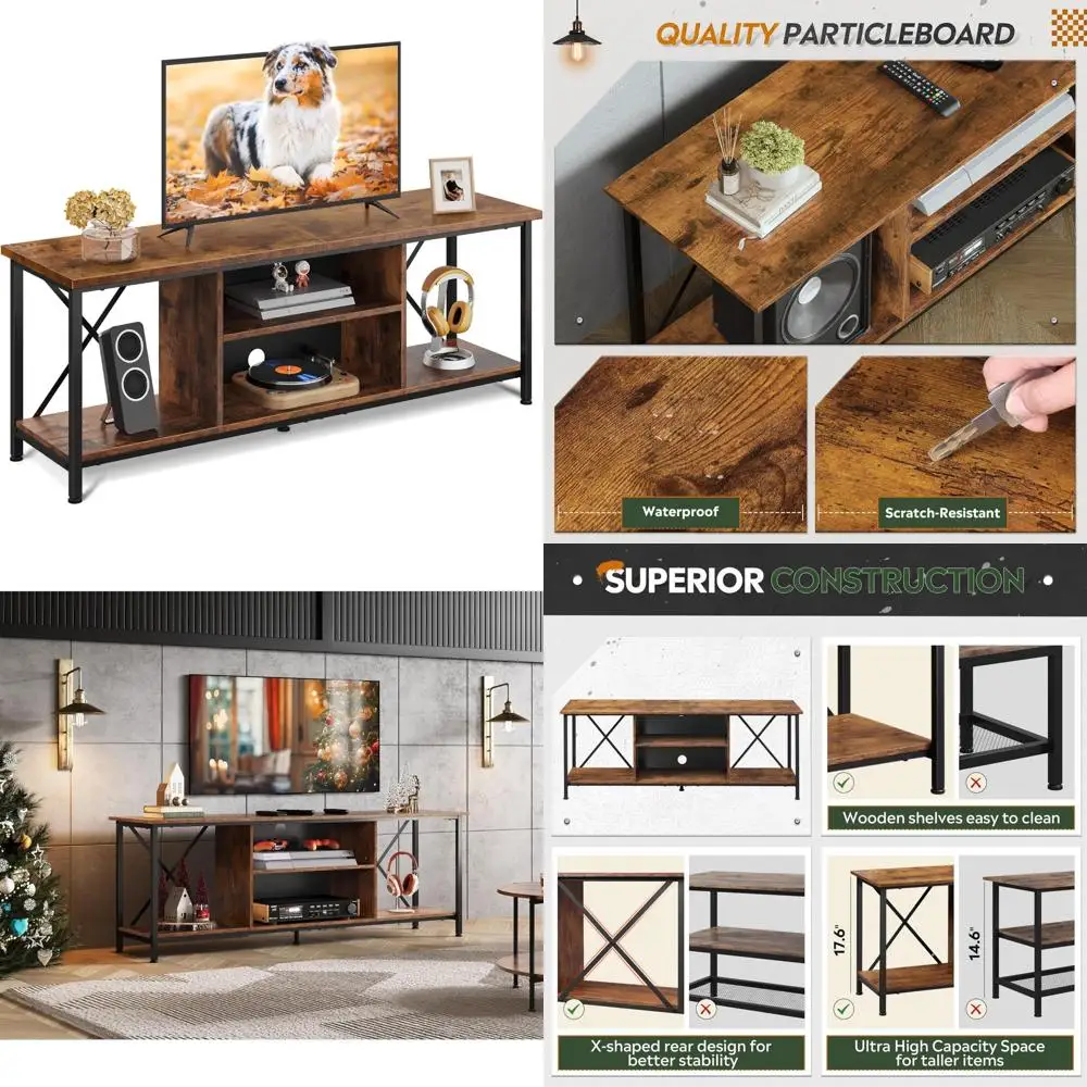 Entertainmentcentrum in industriële stijl voor 65 inch tv's, open opbergplank, tv-console in woonkamer en slaapkamer