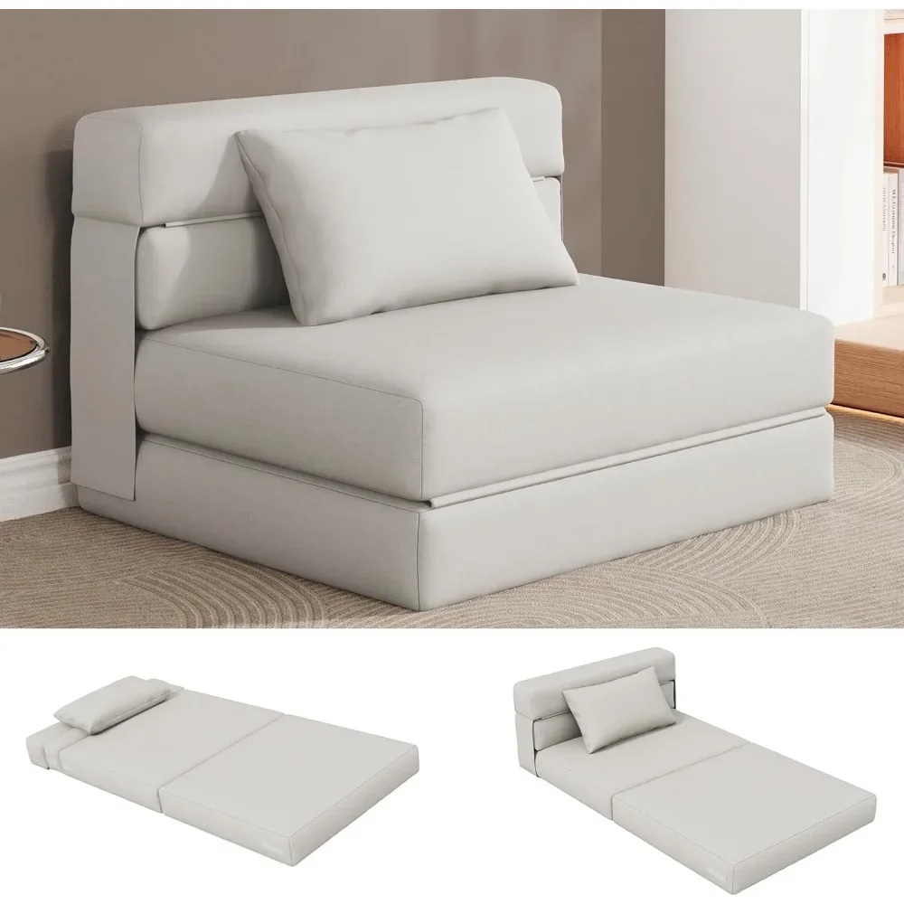 

4 in 1 foldable sofa bed, modern folding sleep chair with back cushion, convertible chair sleeper, beige