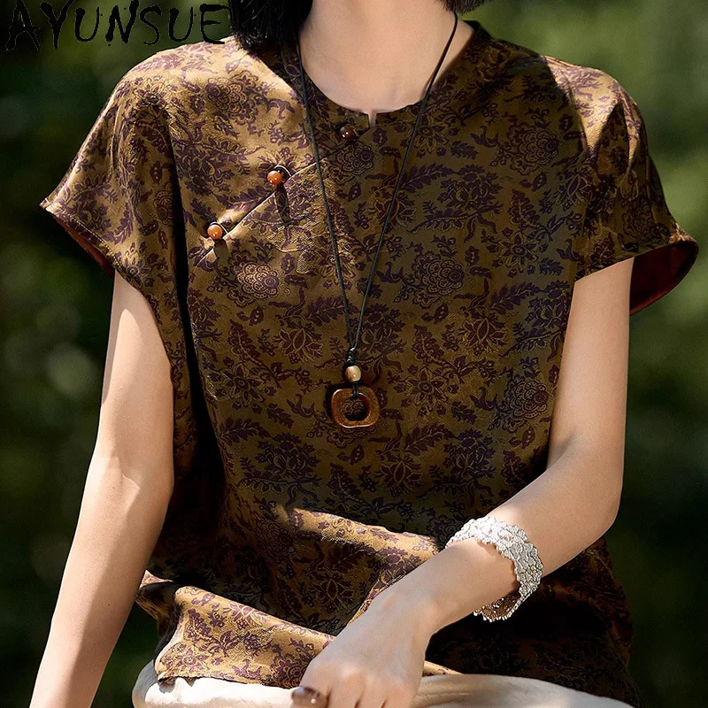 AYUNSUE Red Gambiered Silk Women's T-shirts Elegant New Chinese Style Tops for Woman Short Sleeve T Shirt Woman Clothing Одежда