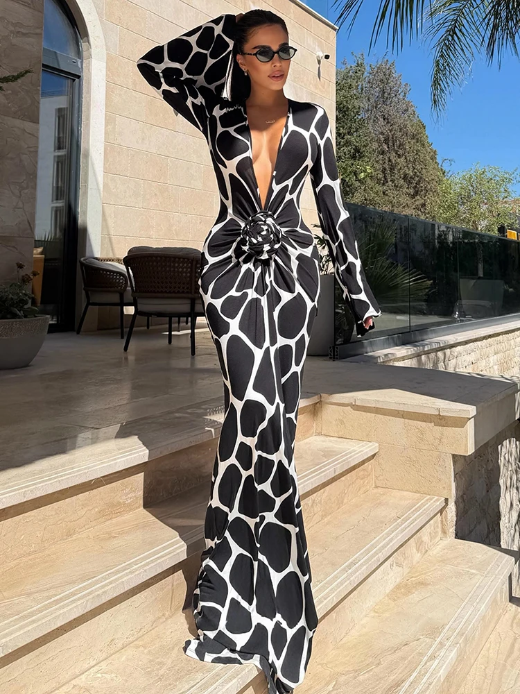 Weird Puss Farbblockierendes langes Kleid für Damen, 3D-Blumendekoration, tiefer V-Ausschnitt, lange Ärmel, für den Urlaub, gerafft, eleganter Stil, Vestidos – Detail 2