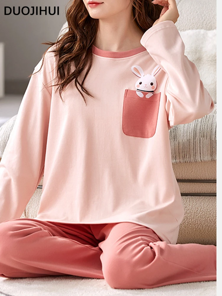 DUOJIHUI Pink Women's Two-piece Pajamas Autumn New Fashion Casual Long Sleeved Women's Home Wear Sweet with Chest Pad Pullover