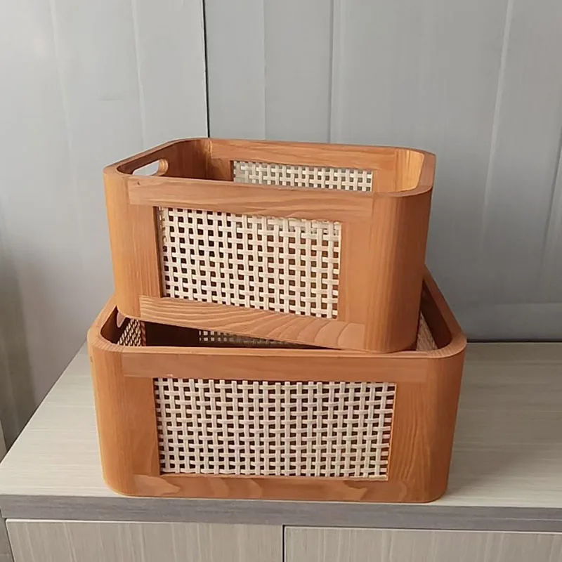 新しい丸角竹製収納ボックス、無垢材バスケット、家庭用収納、化粧品、トイレタリーオーガナイザー、木製バスケット