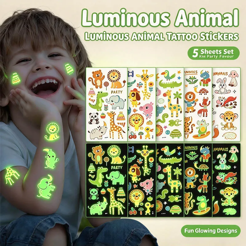 1-10Sets Luminous Cartoon Animal Temporary Tattoo Sticker Waterproof Cute New for Kids Party Favor Face Decal Gift Fun Body Art