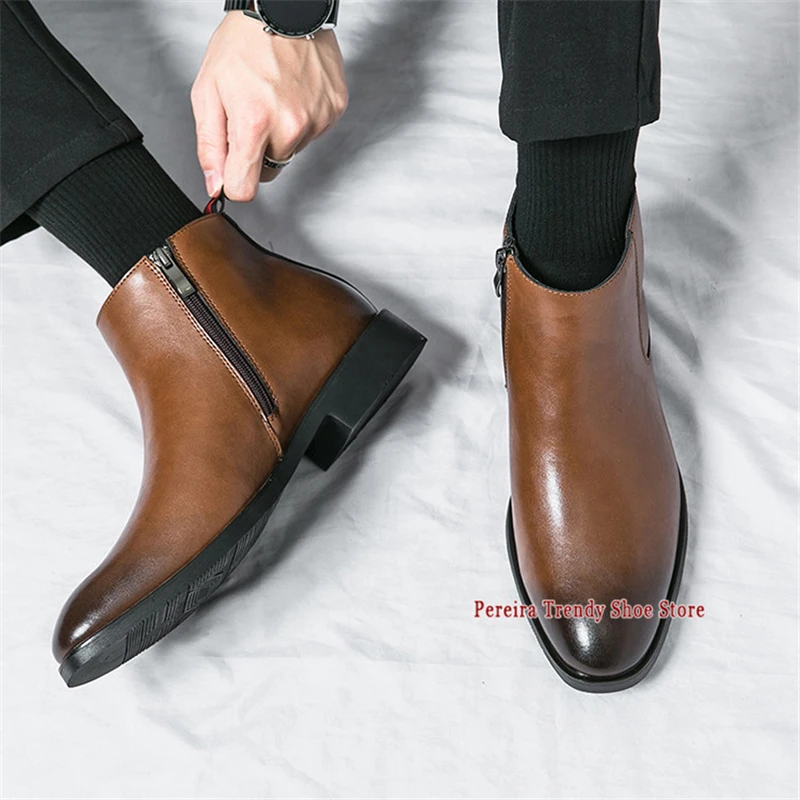Autumn Winter Men's Ankle Boots Pointed Toe Side Zipper Low Heel Chelsea Boots Breathable Comfortable High Top Shoes Large Size