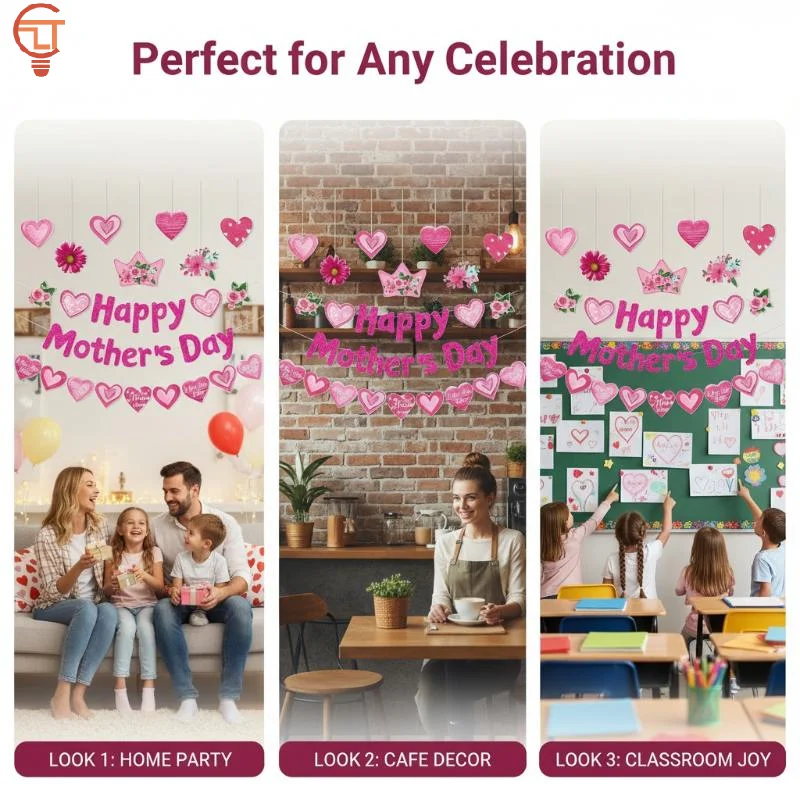 Mothers Day Paper Pendant Banner 1 Pink Garland Flag for Mothers Day Party Supplies Decoration