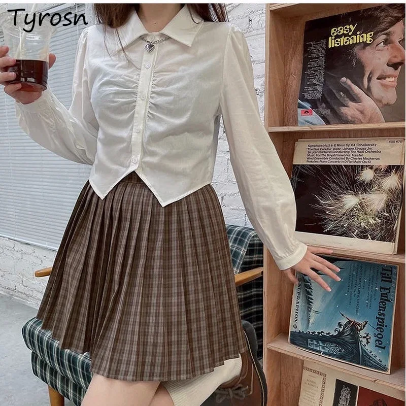 

Single Breasted Women Turn-down Collar Shirts Long Sleeve Asymmetrical Design Sweet Young Preppy Style All-match Basic Solid New