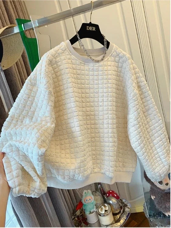 Sweat-shirt rond et ample pour femmes, vêtement d'intérieur, irt, motif à carreaux, confortable, automne 2025, Jaet pour dames