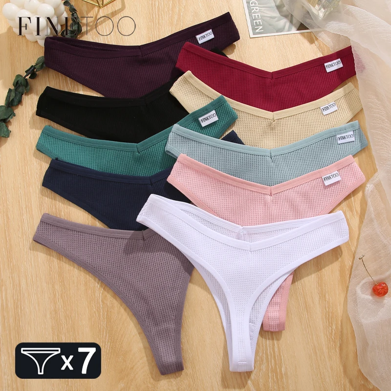 FINETOO 7 sztuk damskie bawełniane stringi odzież wygodne wafel stringi majtki kobiece niski wzrost T-back bielizna bikini bielizna