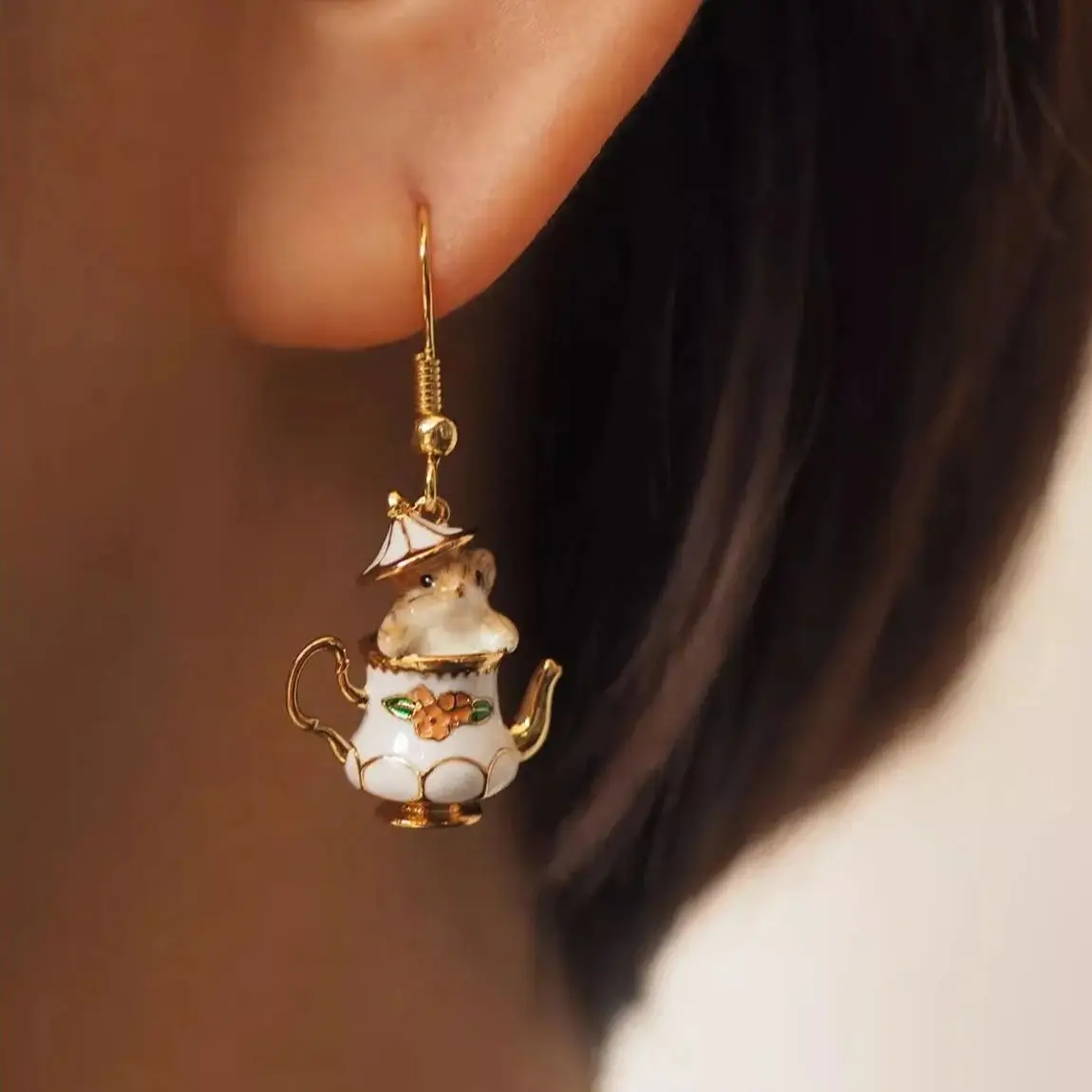 Versatile Women's Gold Plated Cartoon Tea Cup Flower Animal Chestnut Earrings Original Design Fashion Gift