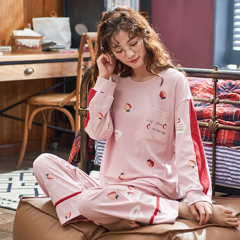 

Женские пижамные комплекты с мультяшным принтом, мягкие пижамные комплекты для отдыха с длинными рукавами, весенний новый пуловер с круглым вырезом, студенческая одежда для сна, каваи, шикарная, модная